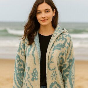 NWT Stitchdrop Cardigan Long Open Front Hood Cream/Blue Pattern SZM Cozy Nights